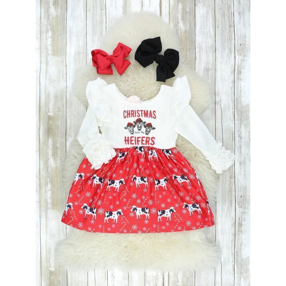 Boutique Christmas Heifers Ruffle Dress - XXS(6/12mos)